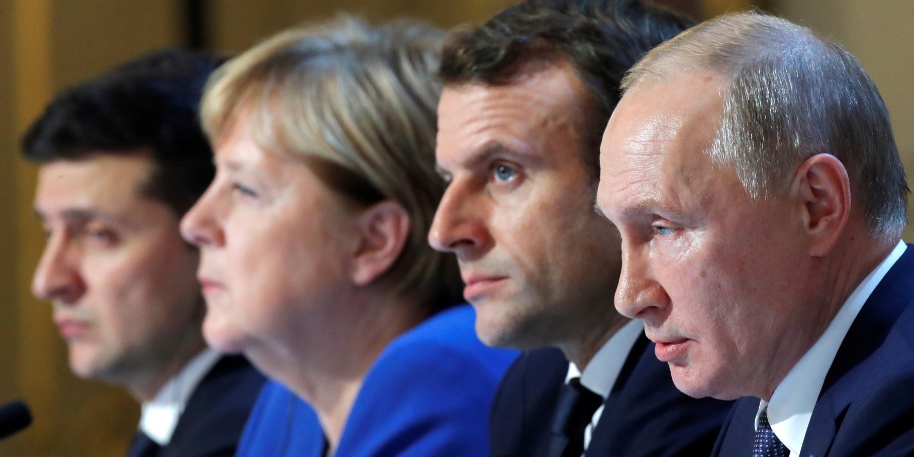 Путин, Макрон, Меркель и Зеленский во время пресс-конференции по итогам саммита (Фото: REUTERS / Charles Platiau / Pool)