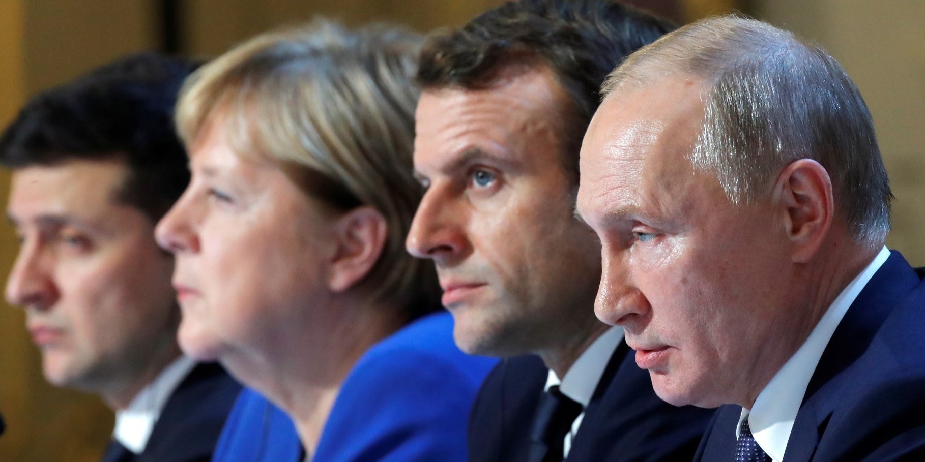 Путін, Макрон, Меркель і Зеленський під час прес-конференції за підсумками саміту (Фото: REUTERS/Charles Platiau/Pool)