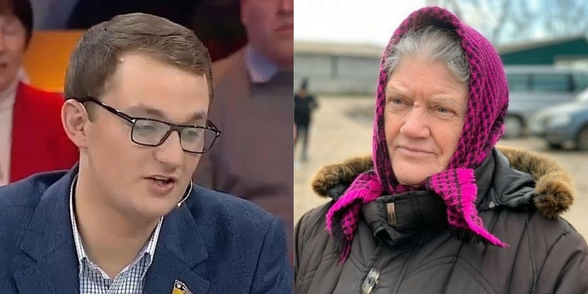 Нардеп Євген Брагар і пенсіонерка Любов Колюча, якій він порадив продати собаку (Фото: Кадр відео 112 Україна, CBN News, колаж НВ)