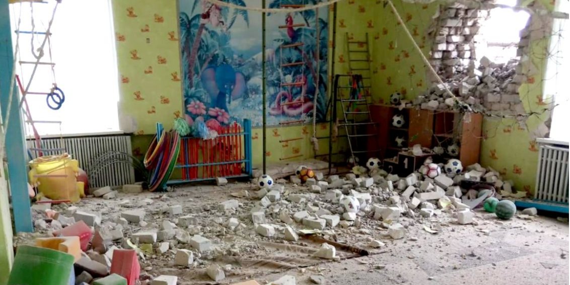 A playroom of a kindergarten in Stanytsia Luhanska, Ukrainian government-controlled part of Luhansk Oblast, pictured after an attack (Photo: Joint Forces Operation)