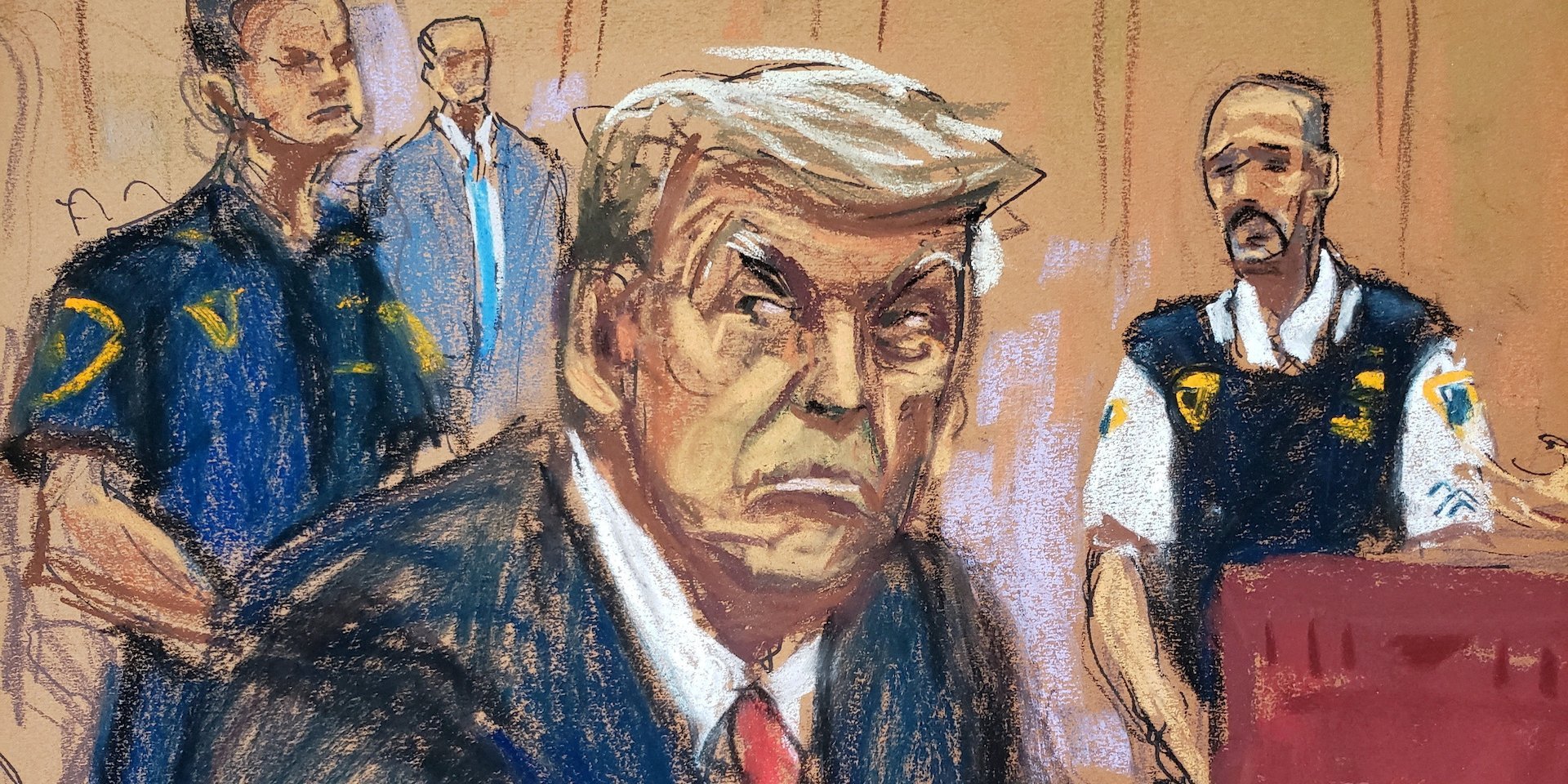 Експрезидент США Дональд Трамп в залі суду в день висунення йому обвинувачень, начерк від 4 квітня 2023 року (Фото:Jane Rosenberg / REUTERS)