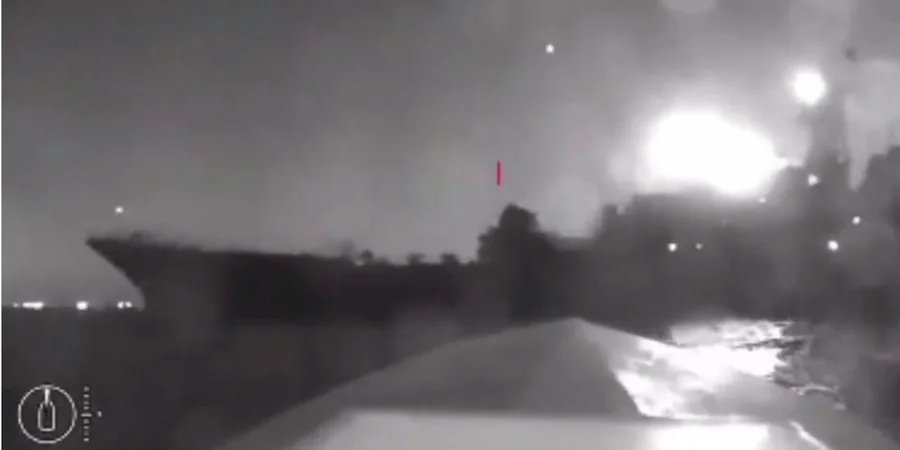 A still from a video of a Ukrainian naval drone attacking the Russian amphibious assault ship the Olenegorsky Gornyak (Photo: NV via Twitter)