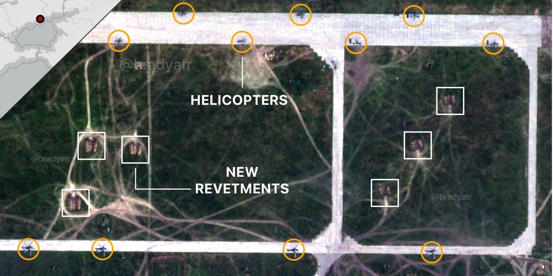 Russian helicopters at Berdiansk airport as of July 13, 2023 (Photo: Brady Africk / Planet Labs)