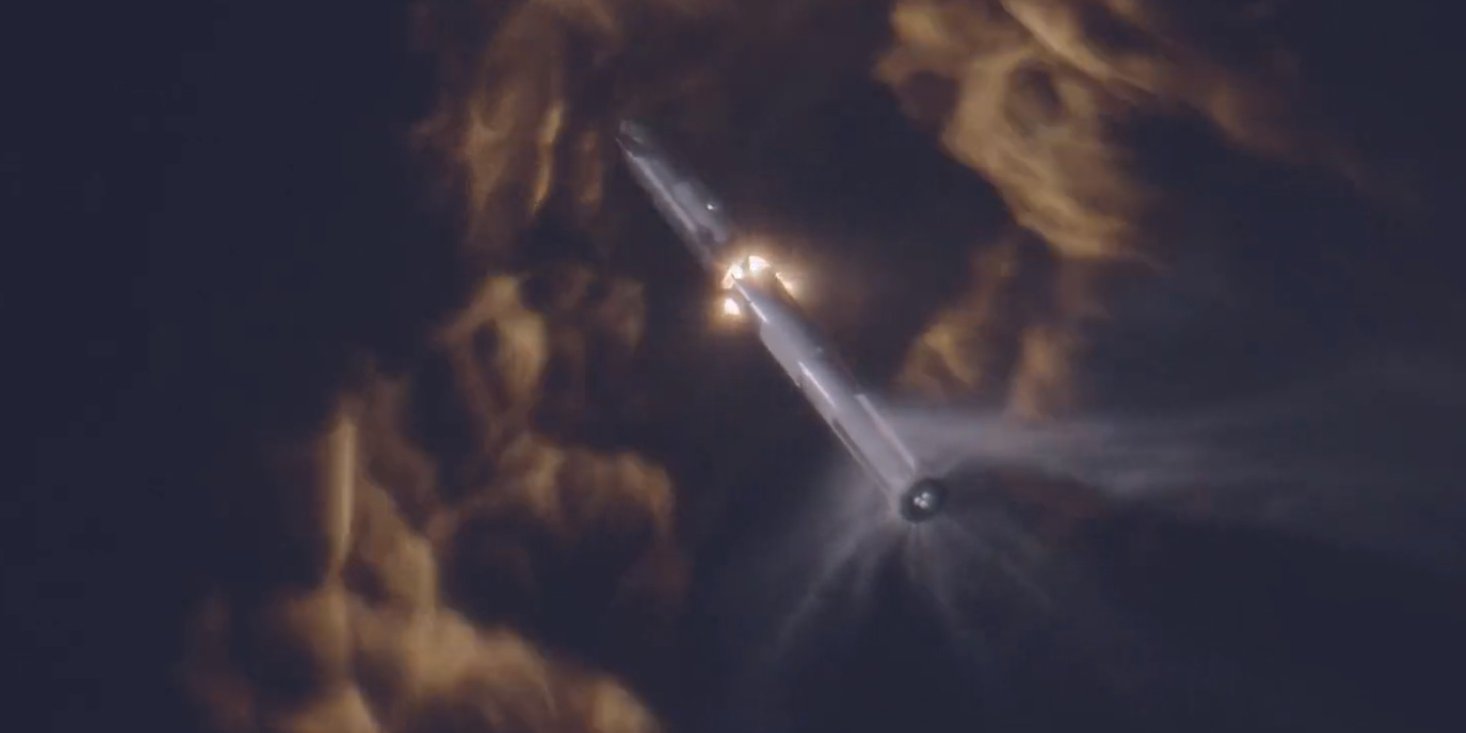 Система Starship успішно розділилися в космосі під час другого випробувального польоту SpaceX (Фото: Скриншот з відео SpaceX)