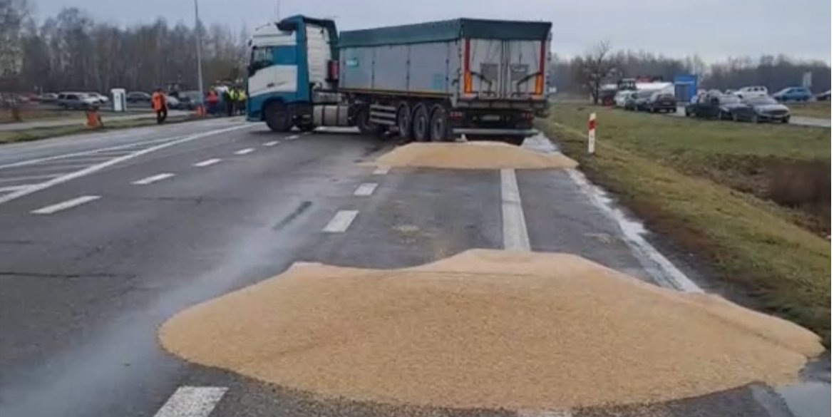 During the February 11 protests, Polish farmers dumped grain from Ukrainian trucks (Photo: Rafał Mekler/X)