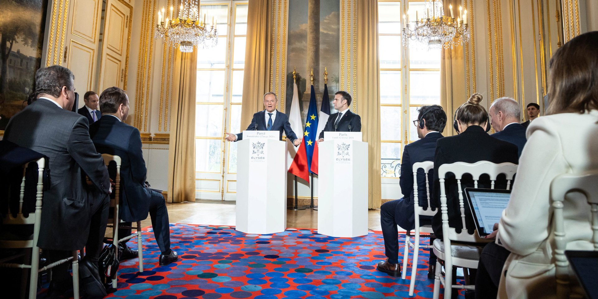 French President Emmanuel Macron and Polish Prime Minister Donald Tusk make a statement to the media during a meeting at the Elysee Palace, Paris, France, February 12, 2024 (Photo: Christophe Petit Tesson/Pool via REUTERS)