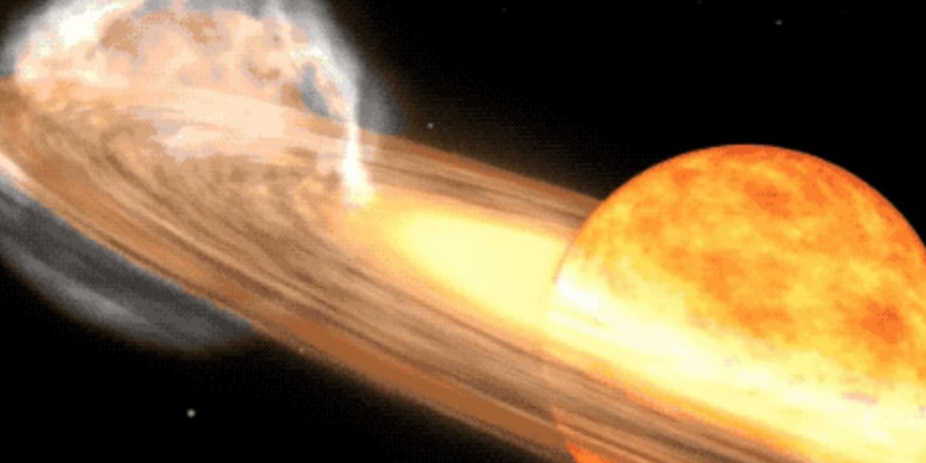 Представление художника о звездной системе T Coronae Borealis с красным гигантом и белым карликом (Фото: NASA Goddard Space Flight Center/PA)