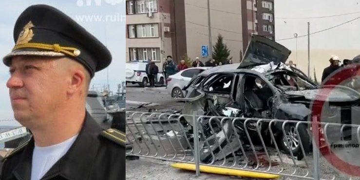 The blown up car with the Chief of Staff of the Russian Black Sea Fleet missile ships Valery Trankovsky (Photo: Still from the video Transport Sevastopol/Telegram)