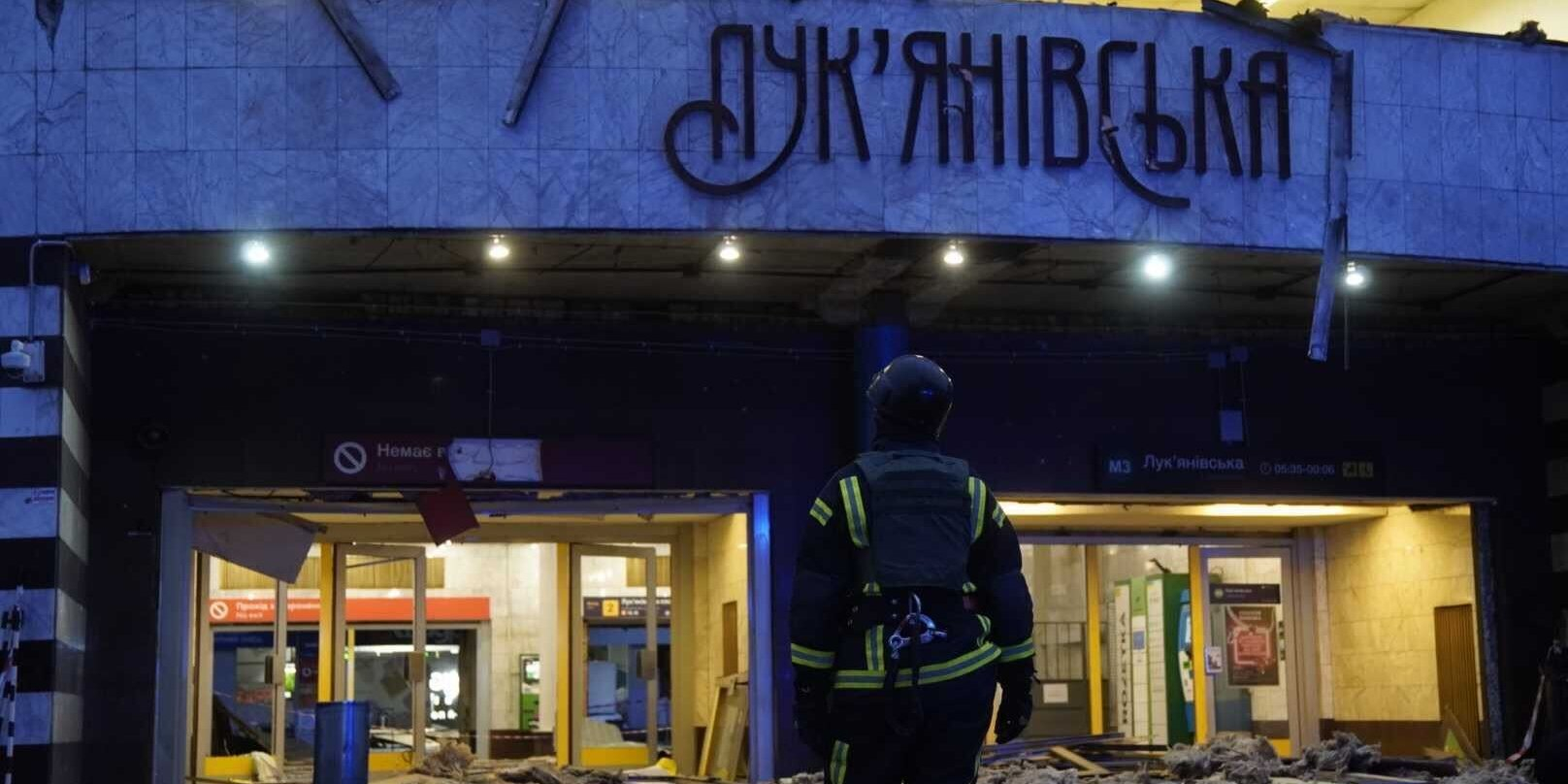 Entrance to Kyiv's Lukianivska metro station destroyed, nearby McDonald's damaged, Jan. 18, 2025. (Photo: Serhii Okunev / NV)