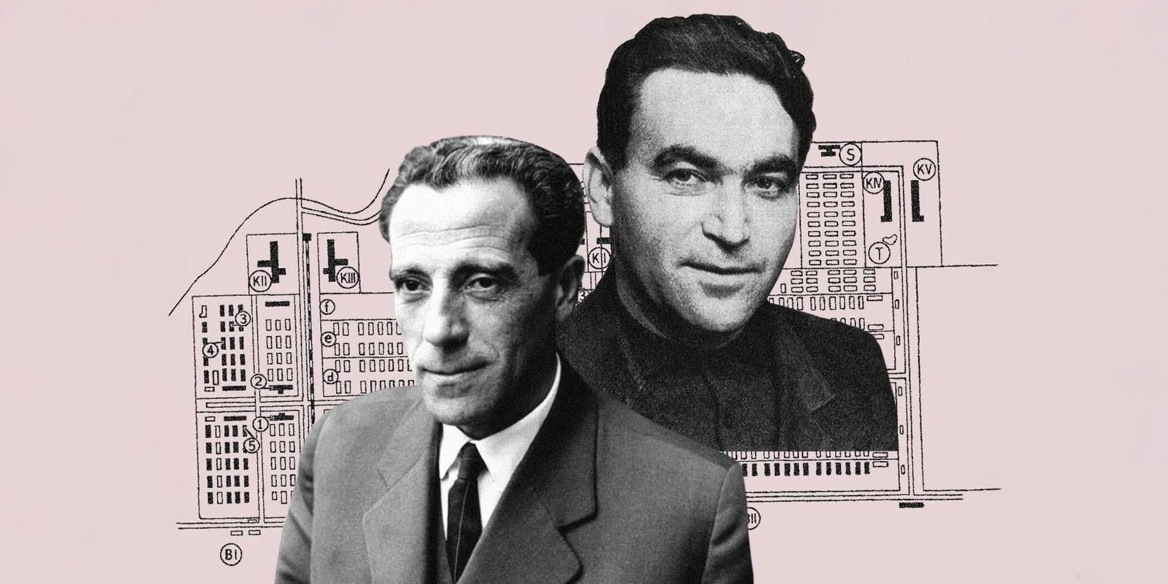 Authors of the Auschwitz protocols: Alfred Wetzler and 19-year-old Rudolf Vrba (also known as Walter Rosenberg) against the backdrop of the concentration camp plans. (Photo: Tablet Magazine)