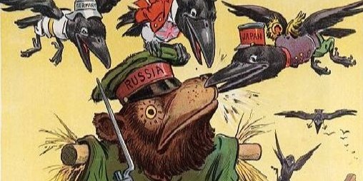 Русский солдат-медведь, набитый соломой, должен был бы пугать ворон, но они клюют даже его. На фуражках птиц надписи Япония, Англия, Германия. Рисунок ОТСТАВНОЕ ЧУЧЕЛО ЕВРОПЫ Puck опубликовал в 1904-м еще до разгрома русских под Мукденом и у Цусимы (Фото: Library of Congress / Puck)
