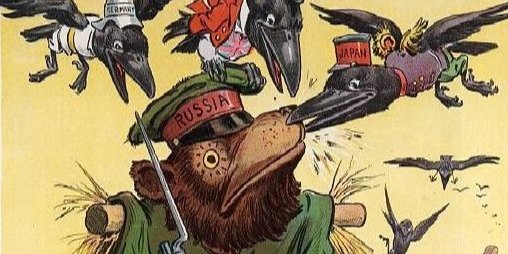 Російський солдат-ведмідь, набитий соломою, мав би лякати ворон, але вони клюють навіть його. На кашкетах птахів написи Японія, Англія, Німеччина. Малюнок ВІДСТАВНЕ ОПУДАЛО ЄВРОПИ з’явився у Puck 1904-го ще до розгрому росіян під Мукденом та біля Цусіми (Фото: Library of Congress / Puck)