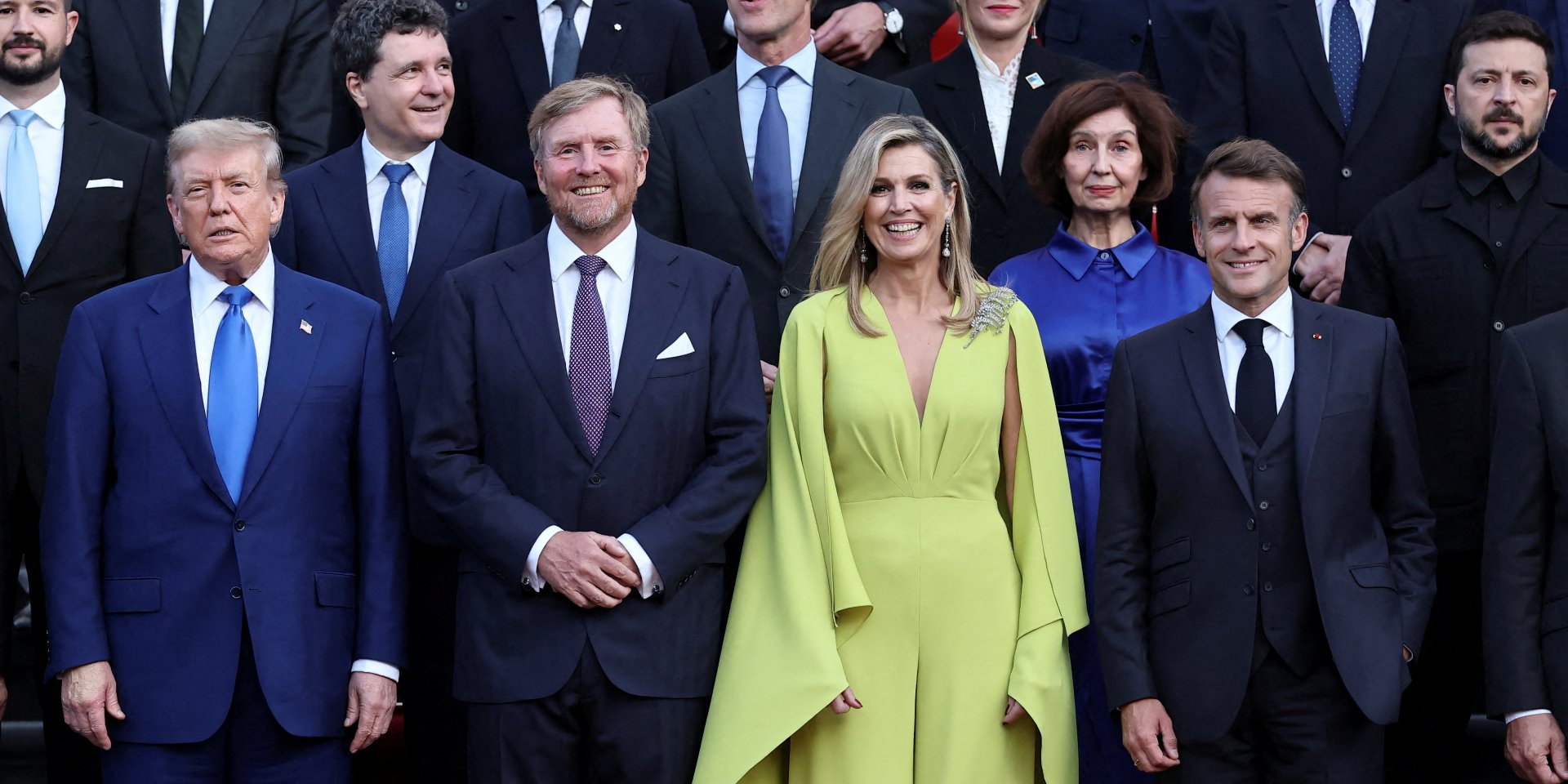Дональд Трамп, король Нідерландів Віллем-Олександр, королева Максима, Емануель Макрон і Володимир Зеленський на саміті НАТО (Фото: REUTERS/Christian Hartmann/Pool)