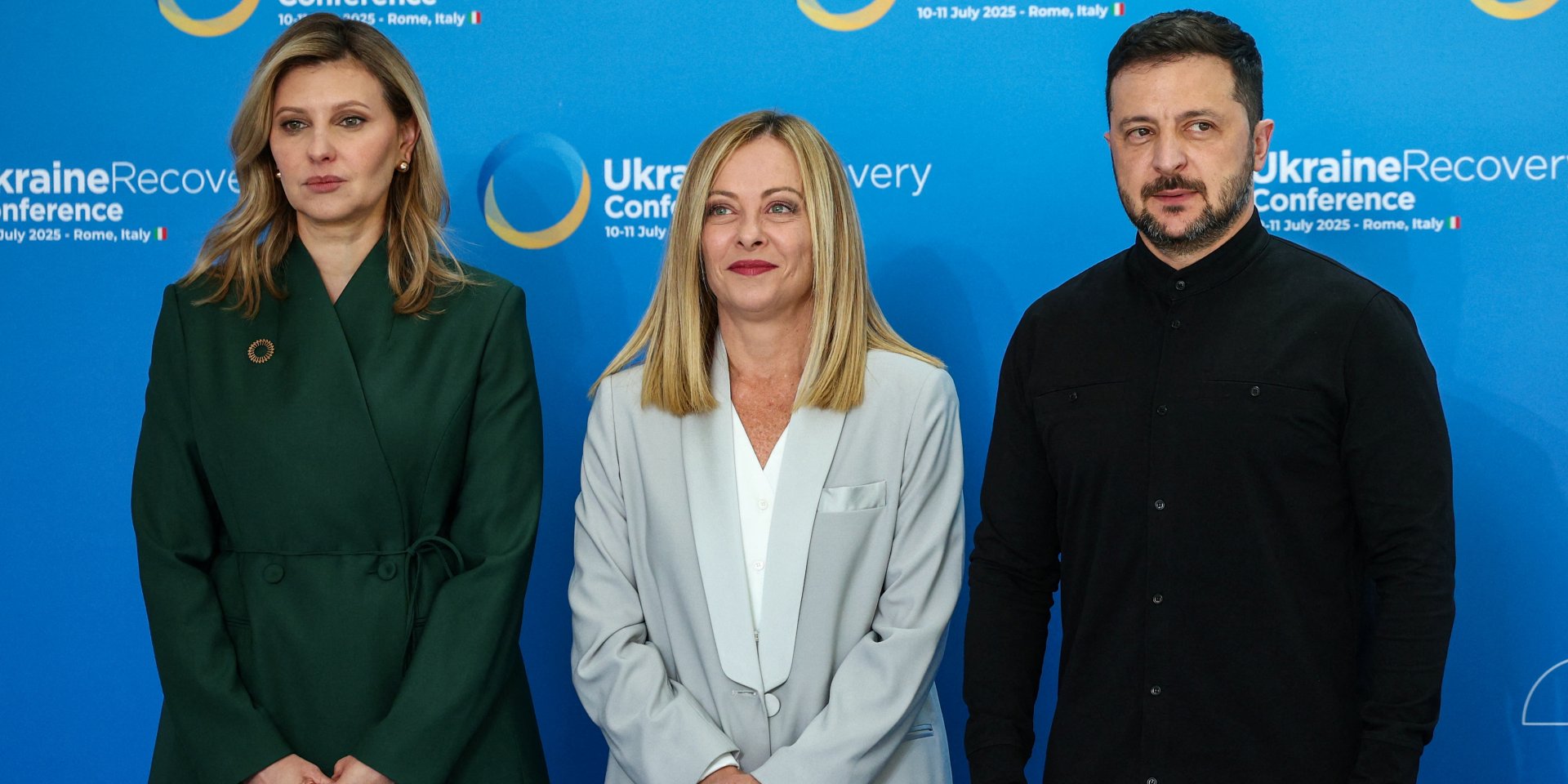 Володимир Зеленський, Олена Зеленська та Джорджія Мелоні на Ukraine Recovery Conference, Рим, Італія, 10 липня 2025 (Фото: REUTERS/Guglielmo Mangiapane)