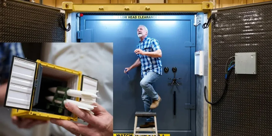 Інженер налаштовує датчики всередині вестибюля мобільного сховища в Національних лабораторіях Сандія, поки інший спостерігає. (Фото: Національні лабораторії Сандія)