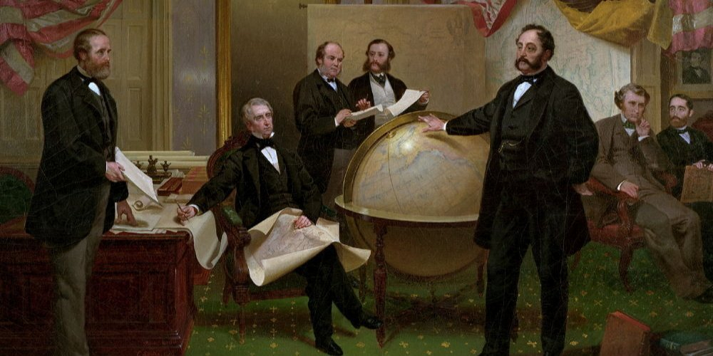 Painting by Emanuel Leutze *Signing of the Treaty on the Sale of Alaska, March 30, 1867*. Left to right: Robert S. Chew, William H. Seward, William Hunter, Vladimir Bodisko, Eduard de Stoeckl, Charles Sumner, Frederick Seward, 1868. (Photo: Akhistorycourse)