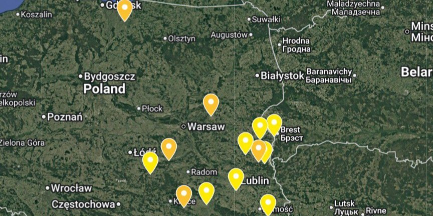 Locations where Russian drones crashed in Poland on September 10, 2025 (Photo: Radio Liberty)