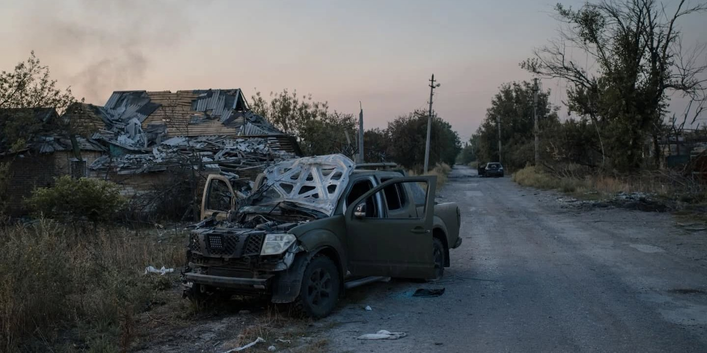 A damaged pickup truck in Pokrovsk (Photo: 68th Separate Jaeger Brigade named after Oleksa Dovbush / Facebook)