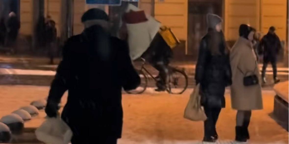 Львів'янин, який у хуртовину поспішав кудись із букетом квітів, підкорив мережу (Фото: ___ilonaaaaa___25/TikTok/скриншот)