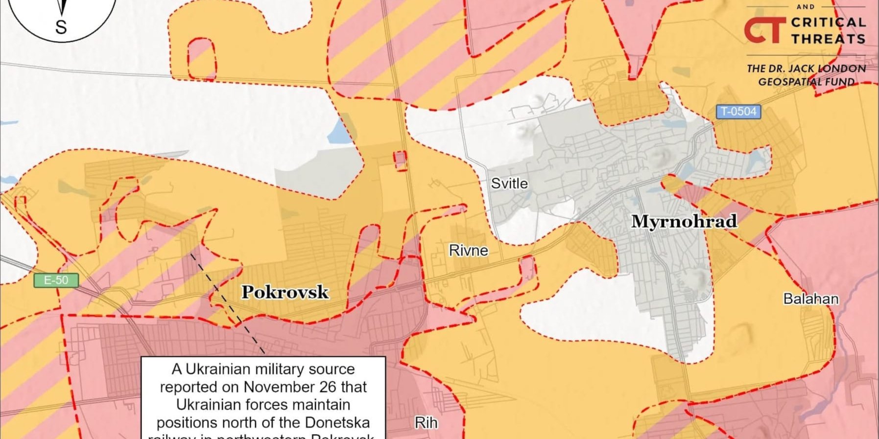 Map of the frontline near Pokrovsk and Myrnohrad in Donetsk Oblast (Photo: ISW)