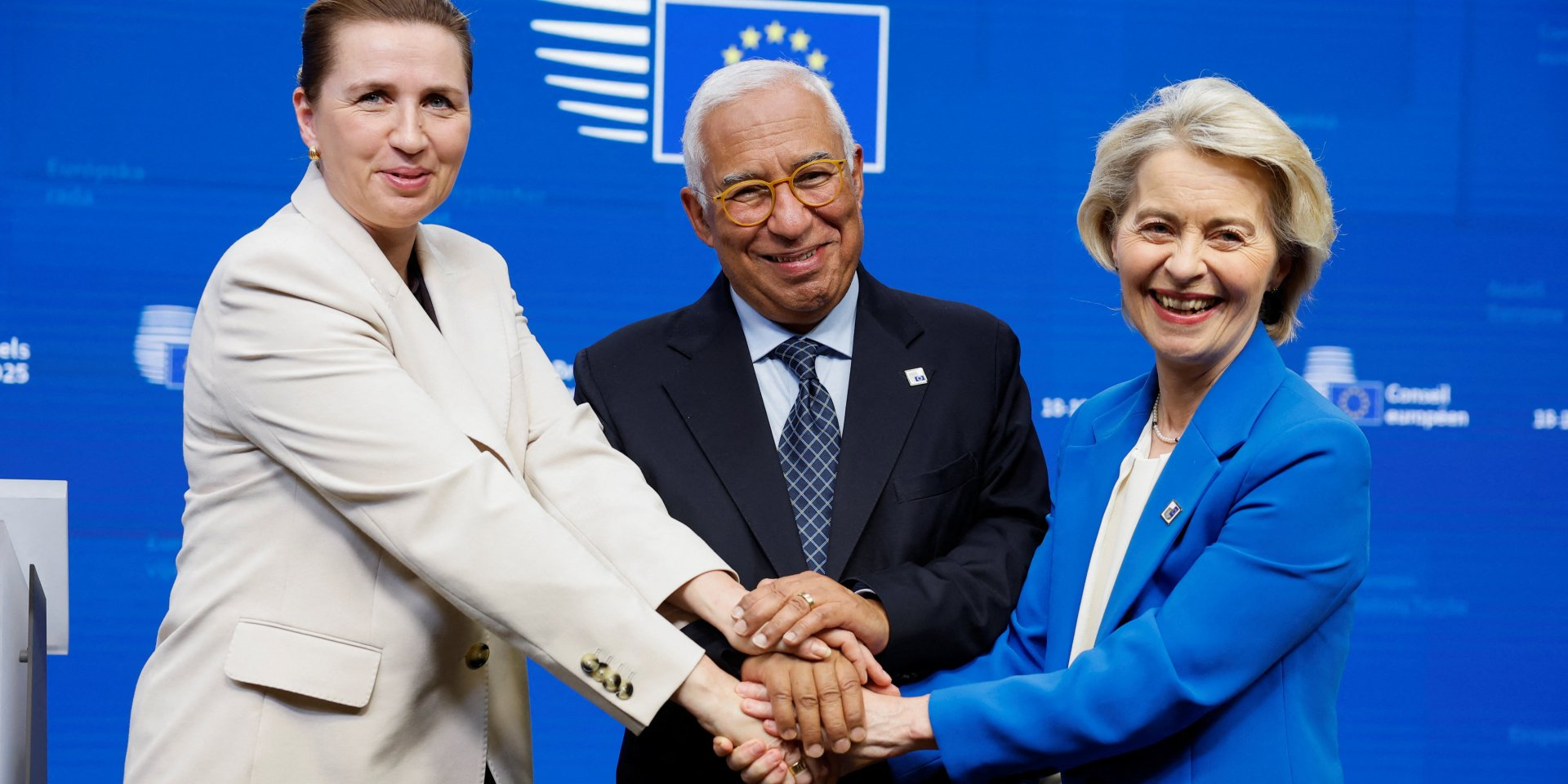 Danish Prime Minister Mette Frederiksen, European Council President António Costa, and European Commission President Ursula von der Leyen at a press conference following the EU leaders’ summit, Dec. 19, 2025. (Photo: REUTERS/Stephanie Lecocq)
