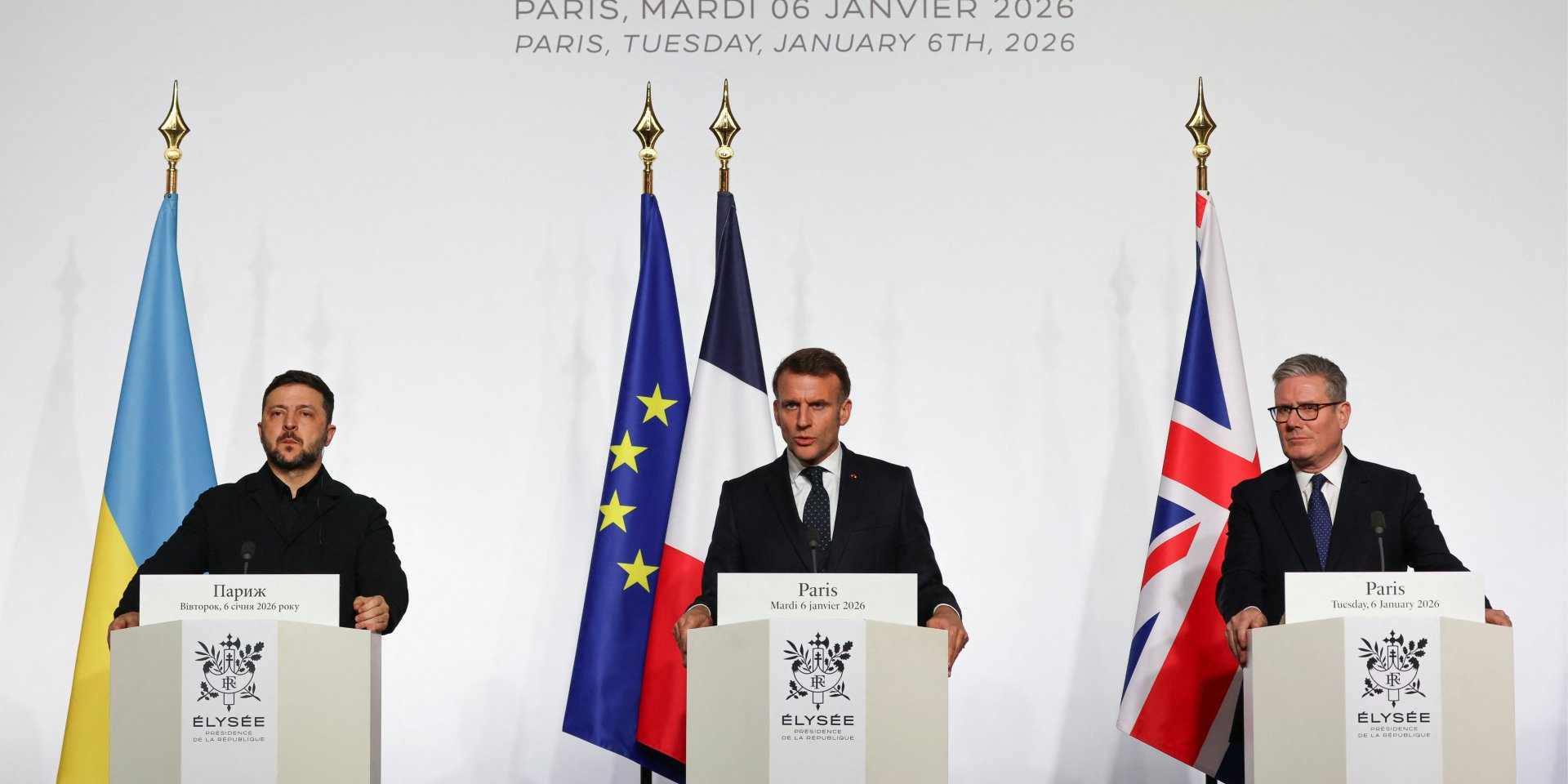 Ukrainian President Volodymyr Zelenskyy, French President Emmanuel Macron, and UK Prime Minister Keir Starmer, Jan. 6, 2026 (Photo: Ludovic Marin/Pool via REUTERS)