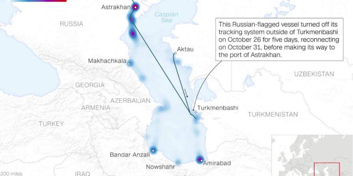 CNN's map of the shipping corridor used to transport Iranian weapons to Russia via the Caspian Sea (Photo: CNN)