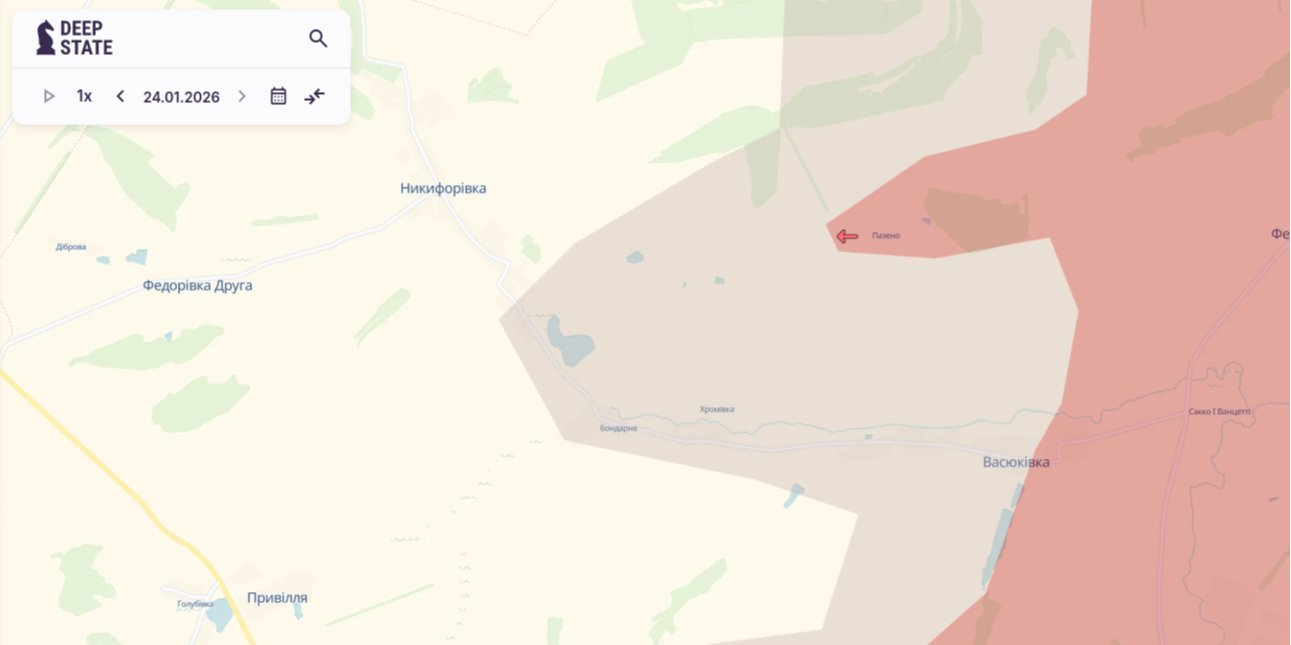 Russian advance in Vasyukivka, Donetsk Oblast, on the DeepState map (Photo: Screenshot of deepstatemap.live)