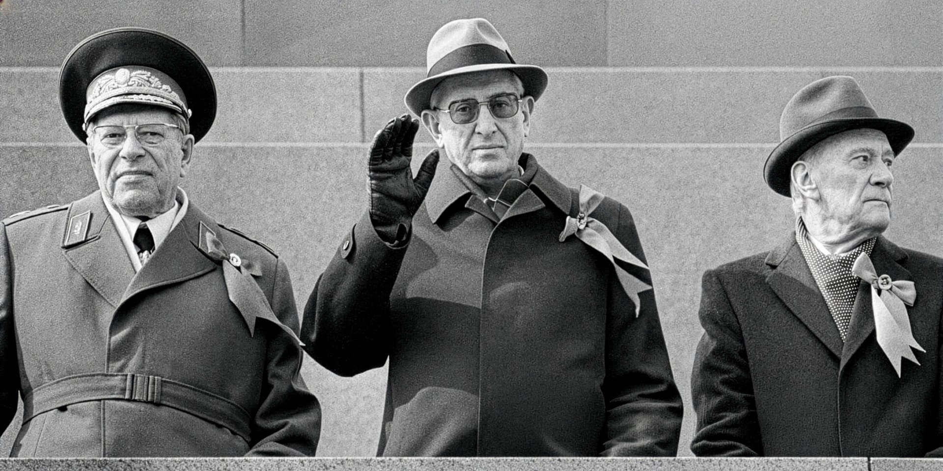 Фотографія міністра оборони СРСР Дмітрія Устінова, Генерального секретаря ЦК Комуністичної партії Юрія Андропова та голови Ради Міністрів Ніколая Тіхонова на Красній площі, 7 листопада 1983 року (Фото: DR)
