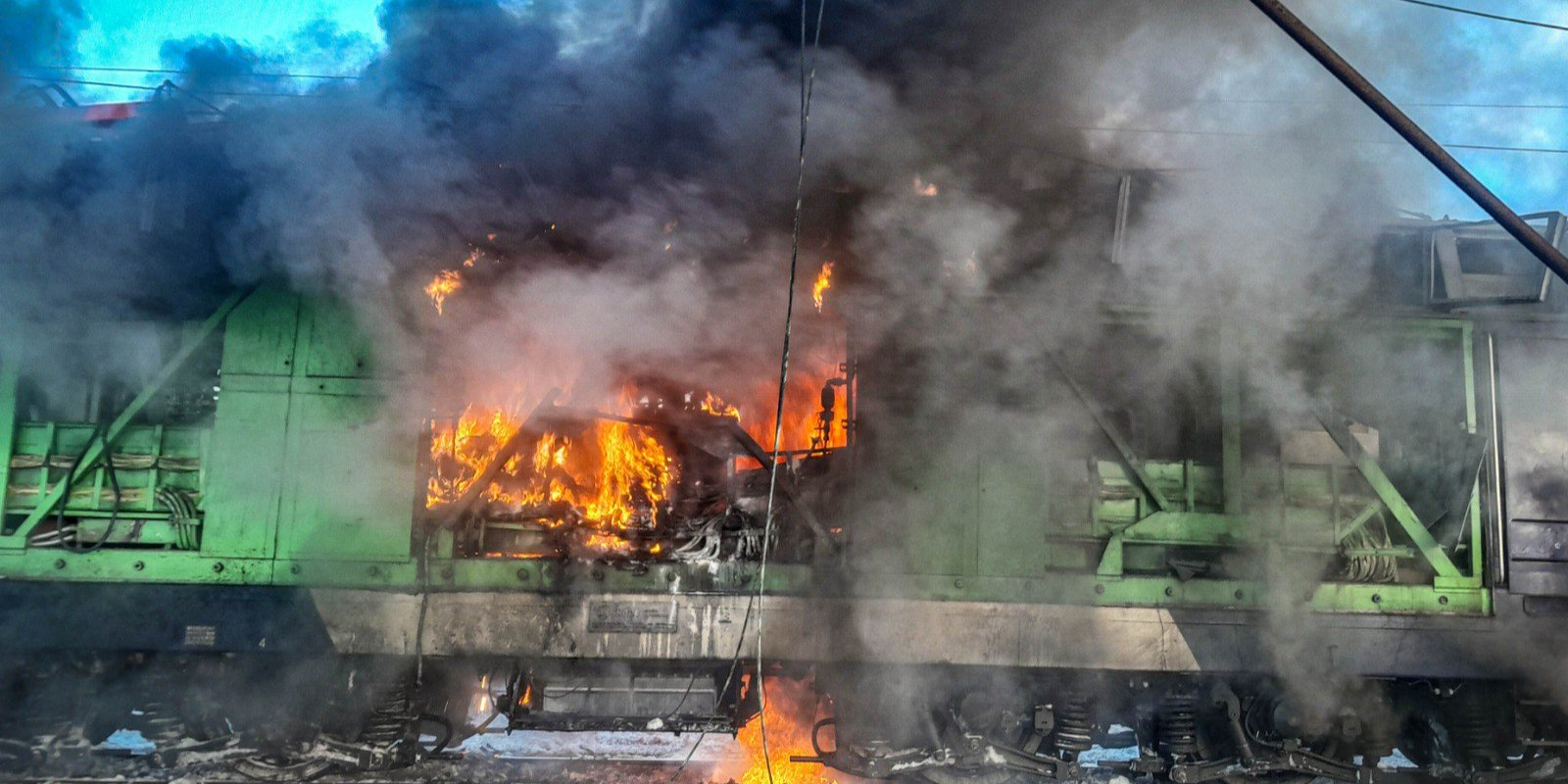 Russian drone sets electric train on fire in Sumy Oblast