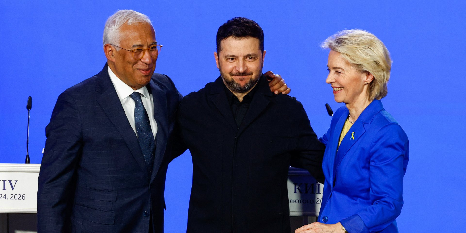 Volodymyr Zelensky at a joint press conference with President of the European Commission Ursula von der Leyen and President of the European Council António Costa, February 24, 2026 (Photo: REUTERS/Valentyn Ogirenko)