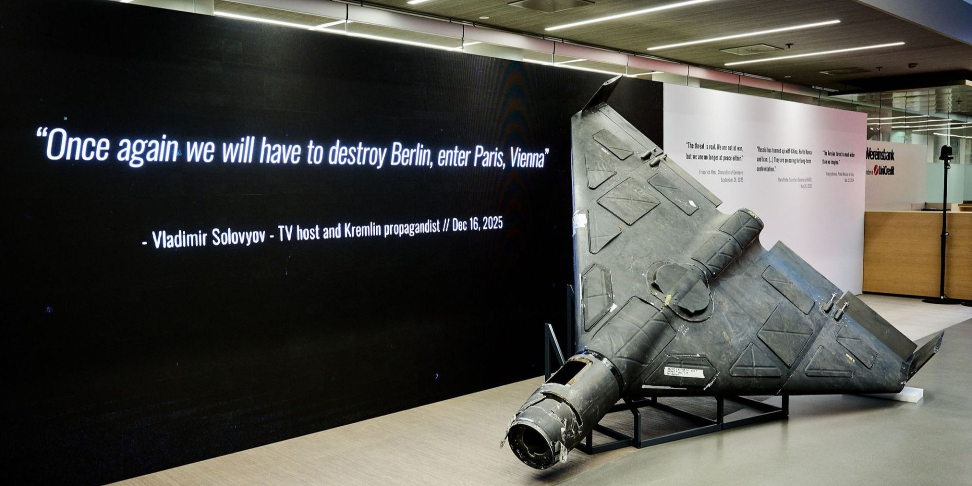Russian Shahed drone - one of the items, displayed at an exhibition in Ukraine's House in Munchen (Photo: Photo provided by Viktor Pinchuk Foundation (c)2026. Photo be Nicholas Lobe (PRYZM))