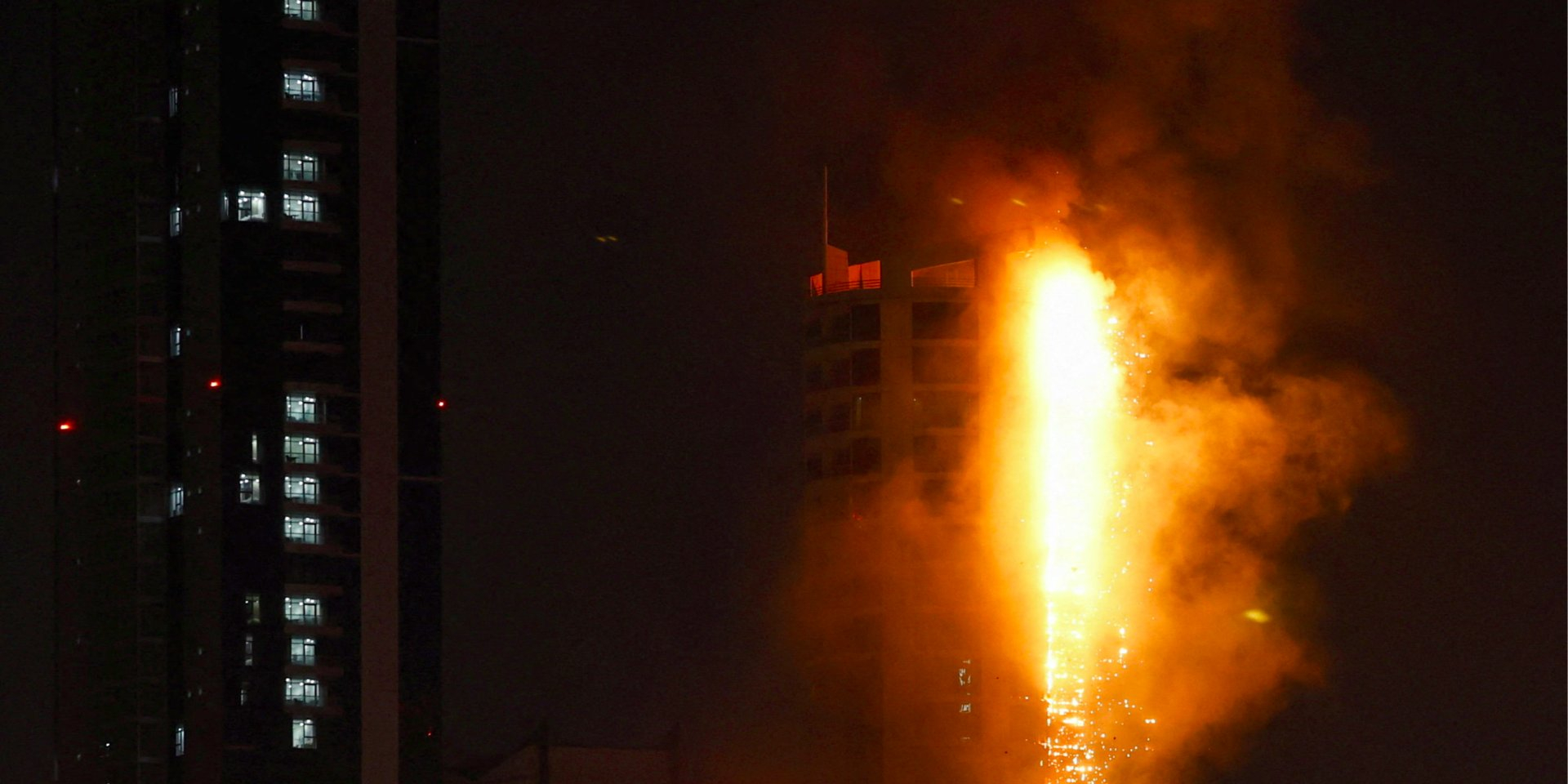 Fire after Iranian Shahed drone hit high-rise in Bahrain capital Manama, Feb. 28, 2026 (Photo: REUTERS)
