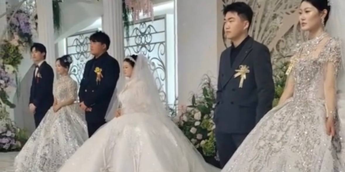 Тройняшки в Китае устроили свадьбу в один день (Фото: Shanghai Daily 上海日报/Facebook/скриншот)