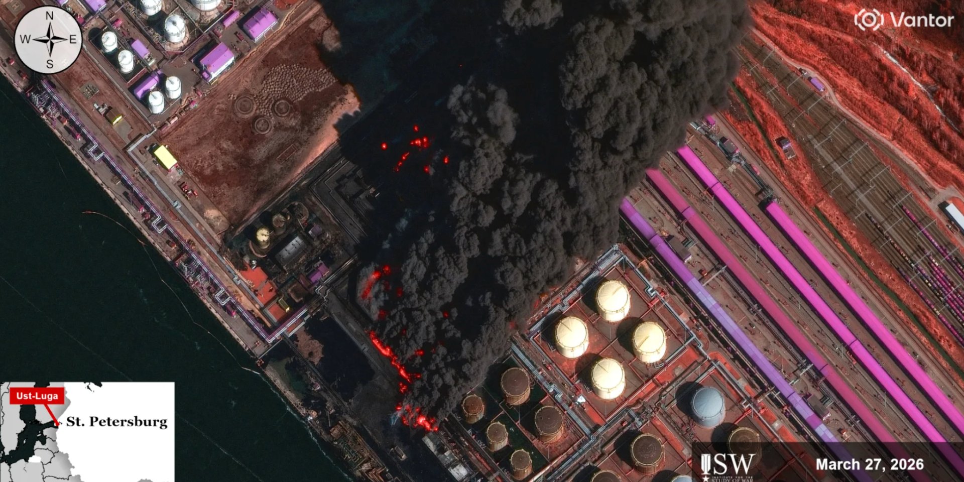 Четыре удара за 5 дней: РФ не способна защитить нефтяные объекты — ISW показал спутниковые снимки пожаров в портах Усть-Луга и Приморск