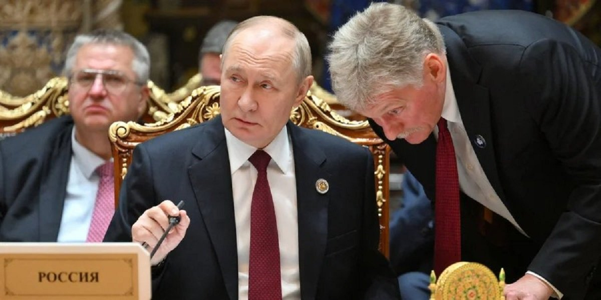 Russian dictator Vladimir Putin and Kremlin spokesperson Dmitry Peskov, Oct. 10, 2025 (Photo: Sputnik/Grigory Sysoev/Pool via REUTERS)