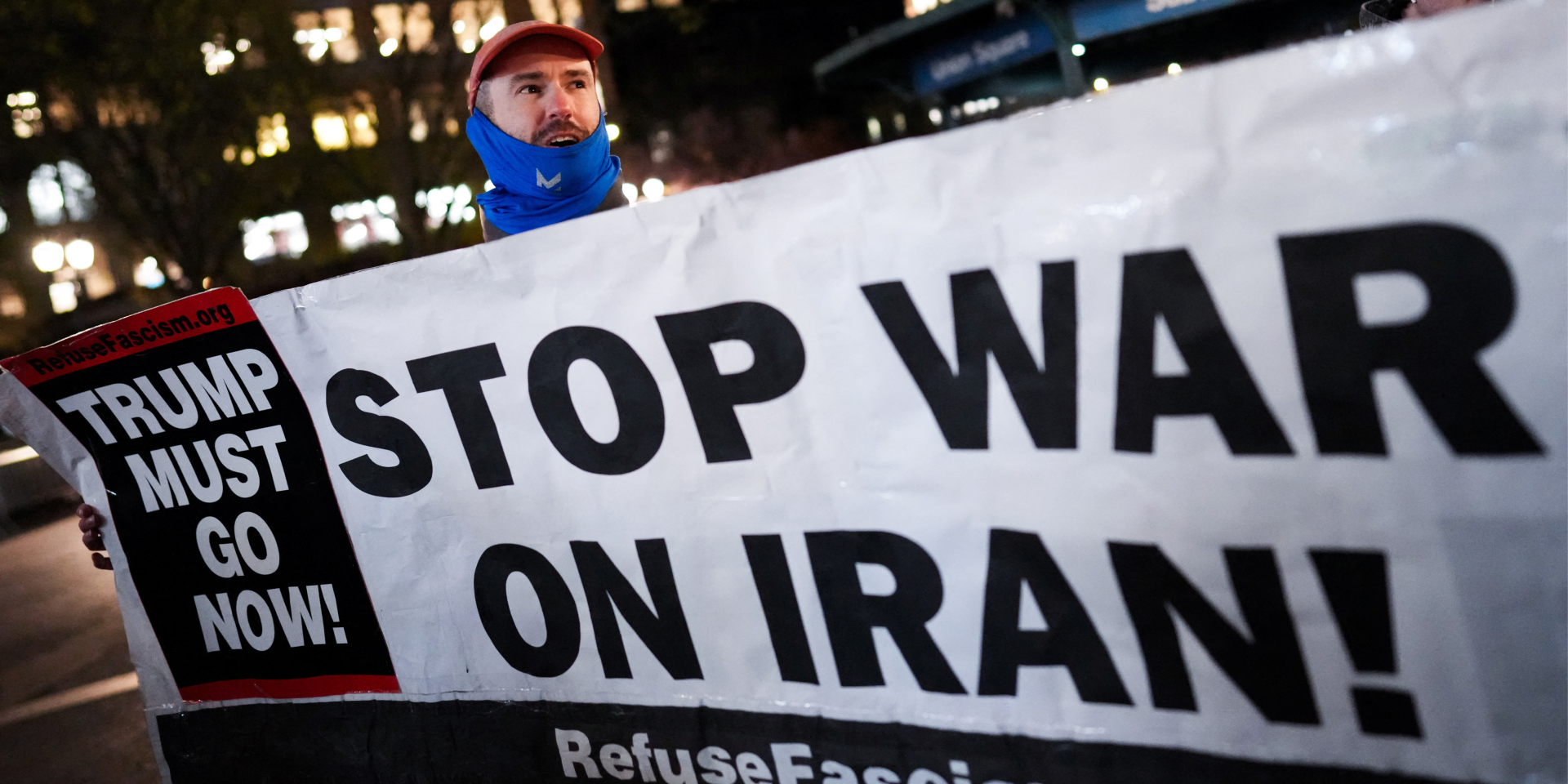 A banner opposing a U.S.-Israeli war with Iran at a protest in New York, U.S., on April 7, 2026 (Photo: REUTERS/Adam Gray)