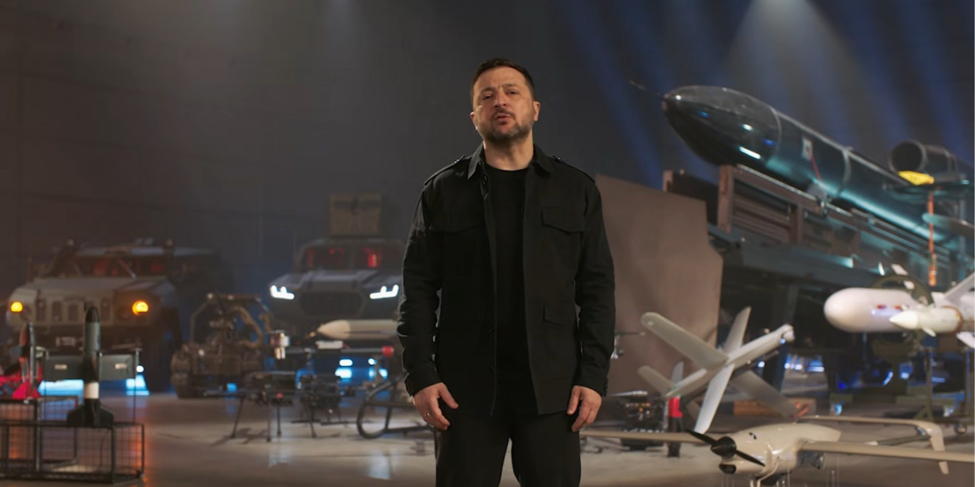 Volodymyr Zelenskyy in front of Ukrainian-made military equipment (Photo: Youtube / Zelenskyy_President)