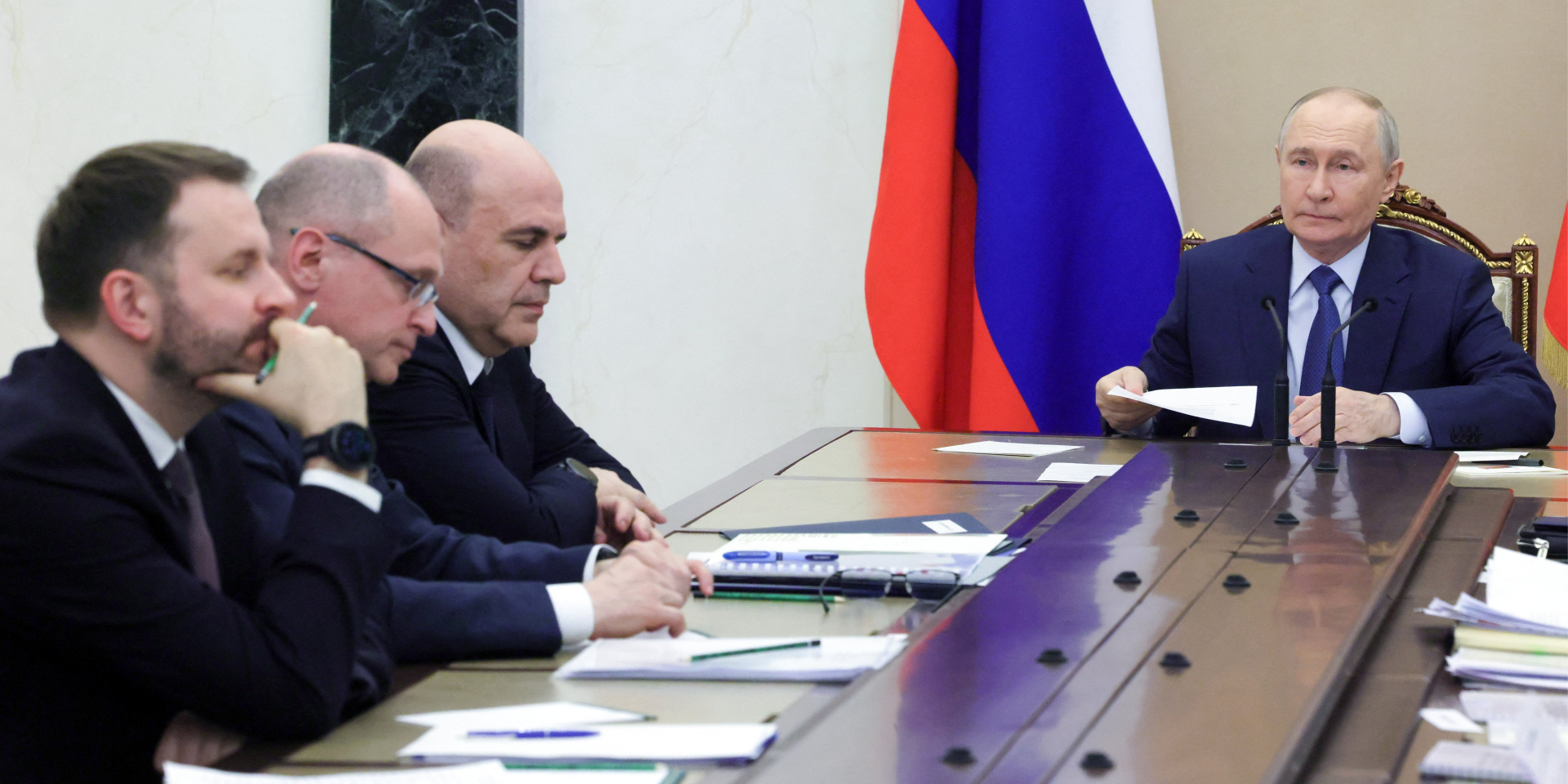 Russian dictator Vladimir Putin and other Russian officials at an economic meeting in Moscow on May 15, 2026. (Photo: Sputnik/Mikhail Metzel/Pool via REUTERS)