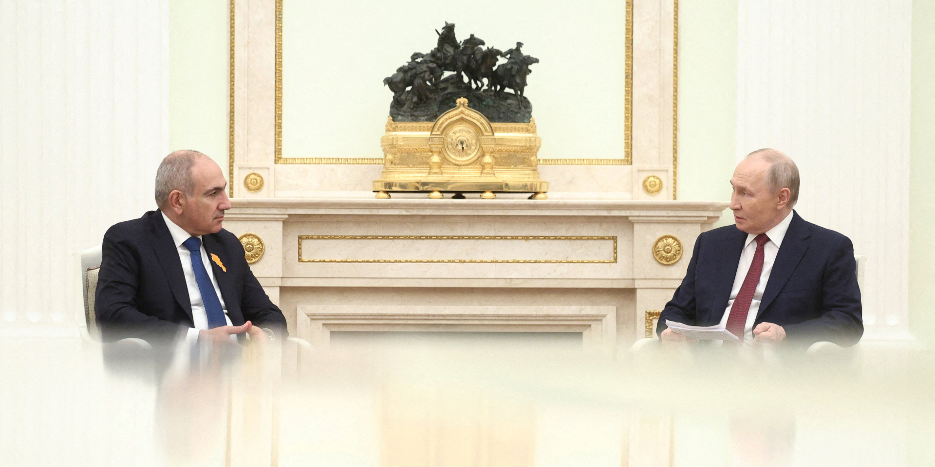 Russian President Vladimir Putin and Armenian Prime Minister Nikol Pashinyan attend a meeting at the Kremlin in Moscow, Russia, April 1, 2026. (Photo: Sputnik/Sofya Sandurskaya/Pool via REUTERS)