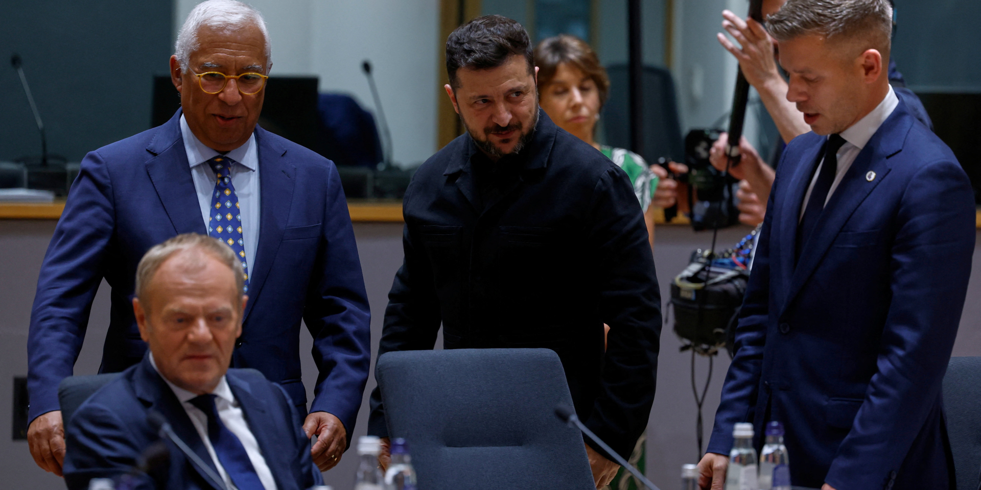 Donald Tusk, Antonia Costa, Volodymyr Zelenskyy, and Peter Magyar (Photo: Geert Vanden Wijngaert/Pool via REUTERS)