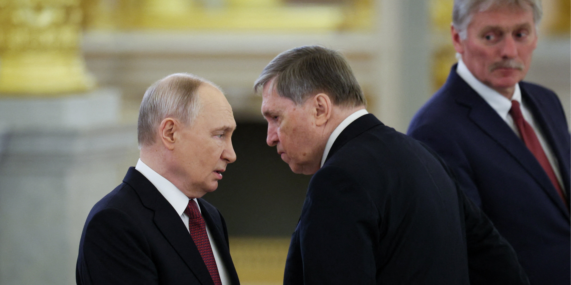 Russian dictator Vladimir Putin, his aide Yury Ushakov, and Kremlin spokesperson Dmitry Peskov, June 3, 2026 (Photo: REUTERS/Ramil Sitdikov/Pool)