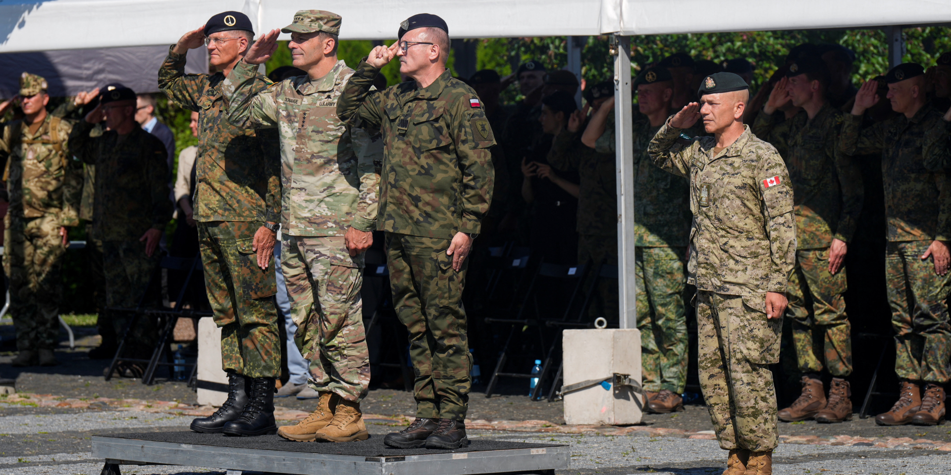 U.S. Gen. Christopher Donahue, German Lt. Gen. Peter Mirow and Polish Lt. Gen. Dariusz Parylak at a NATO change-of-command ceremony in Valga, Estonia, on June 30, 2026. (Photo: REUTERS/Ints Kalnins)