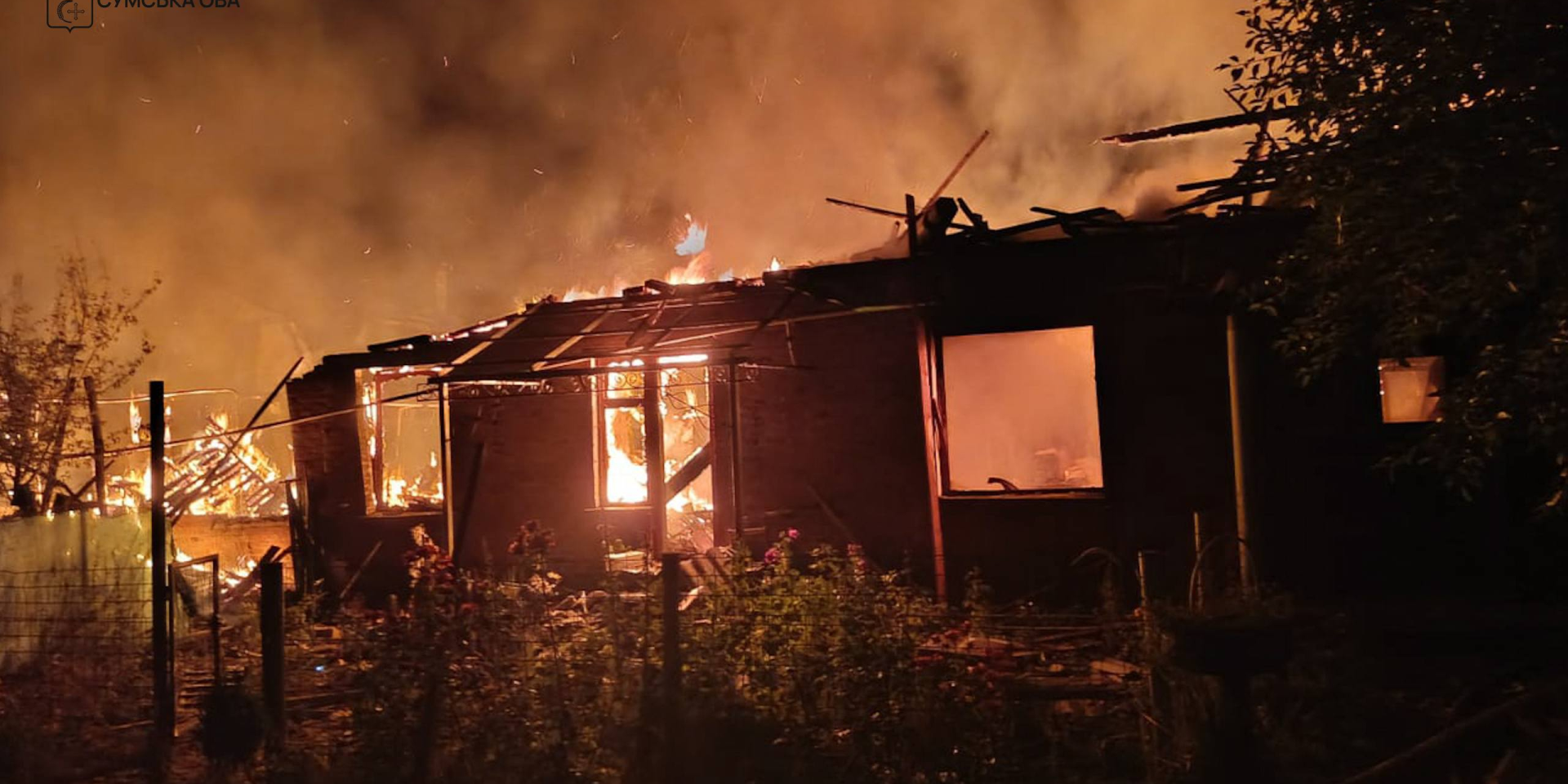 An apartment building caught fire in Sumy Oblast following a Russian UAV strike, July 3, 2026 (Photo: Sumy Oblast Military Administration)