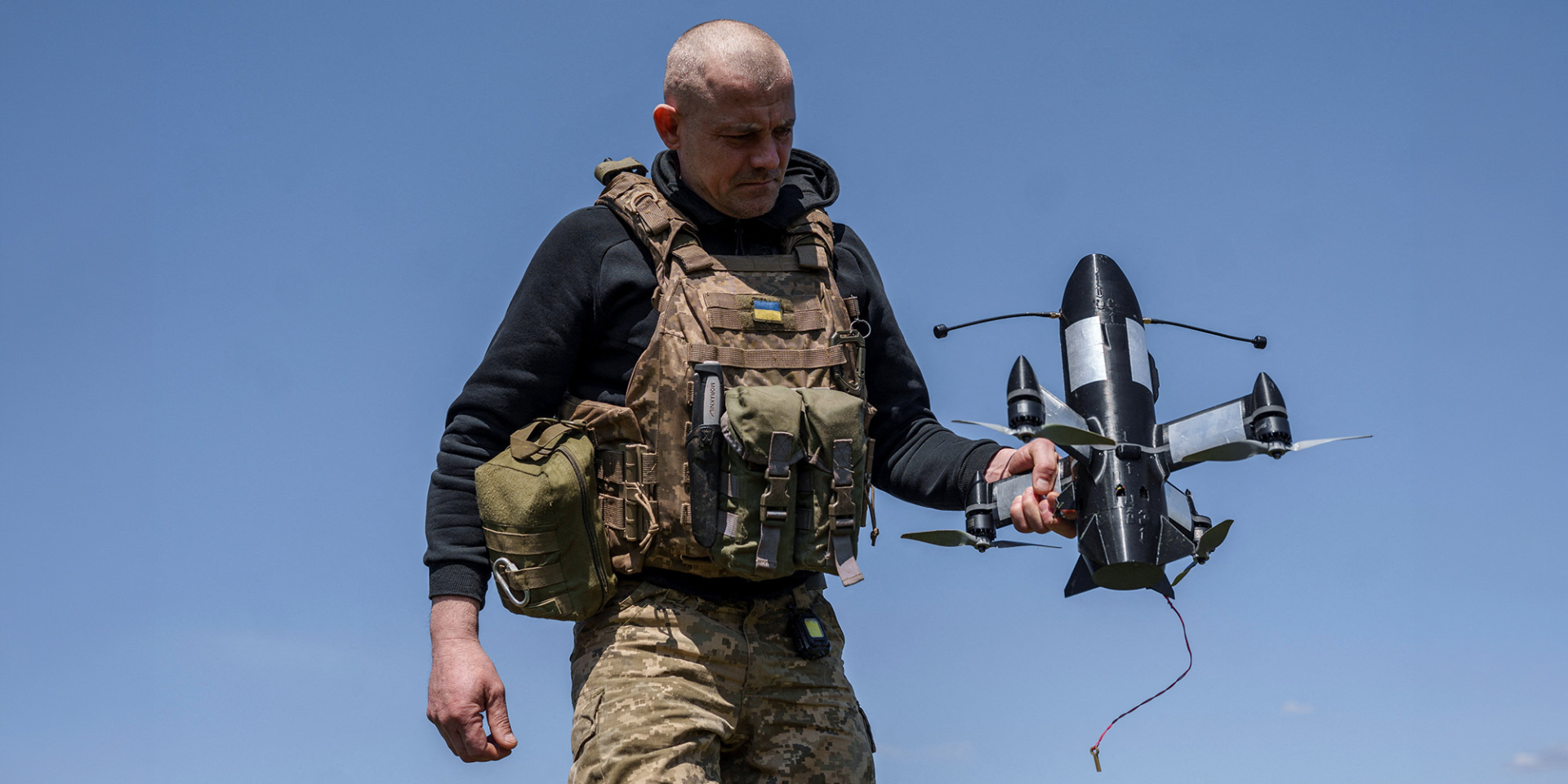 A serviceman prepares a P1-SUN interceptor drone for launch near the front line (Photo: REUTERS/Serhii Korovainyi)