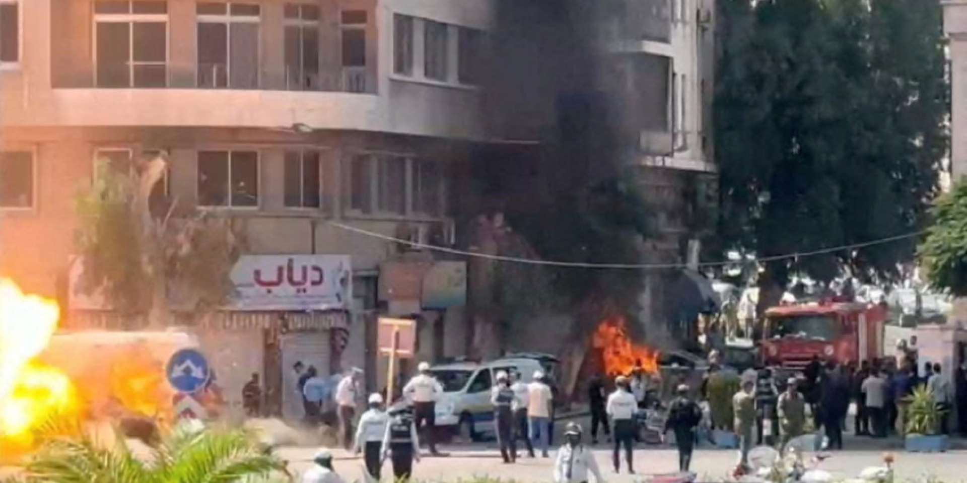 Fire near a hotel after a bomb explosion, Syria, July 7 (Photo: REUTERS/Yamam Al Shaar)