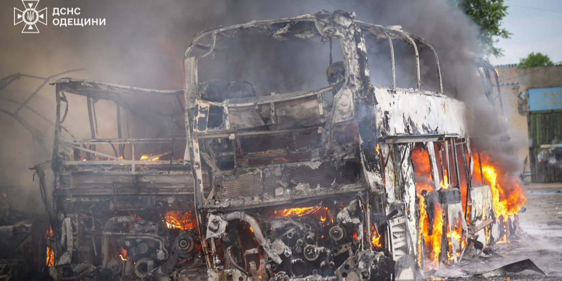Multiple buses caught fire following a Russian strike on a transport company in Odesa, July 13, 2026 (Photo: Odesa Oblast State Emergency Service)