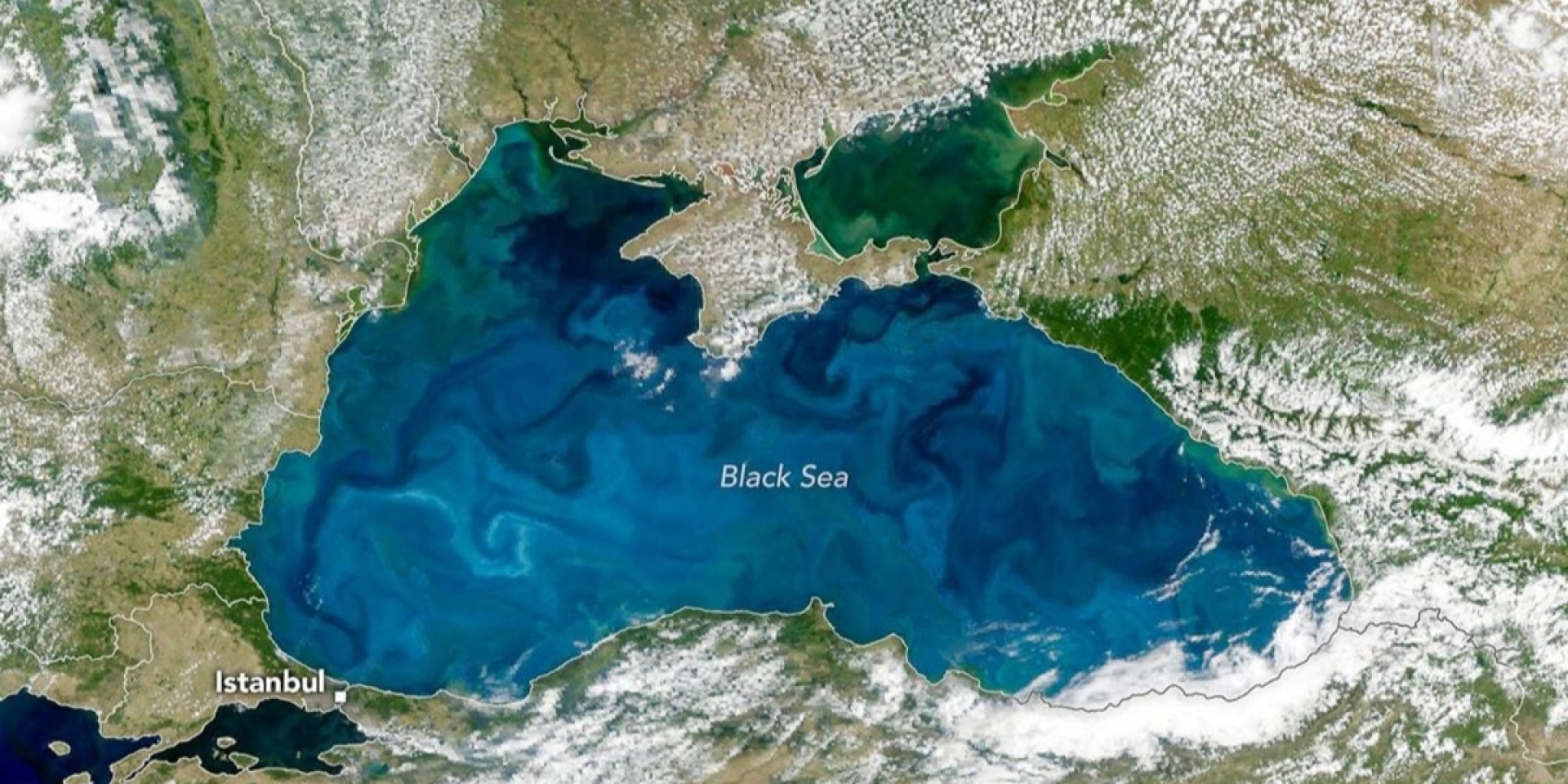 22 червня 2026 року супутник PACE NASA зафіксував сяючу бірюзу Чорного моря, коли по його поверхні поширилося масивне цвітіння мікроскопічних кокколітофорів (Фото: NASA)