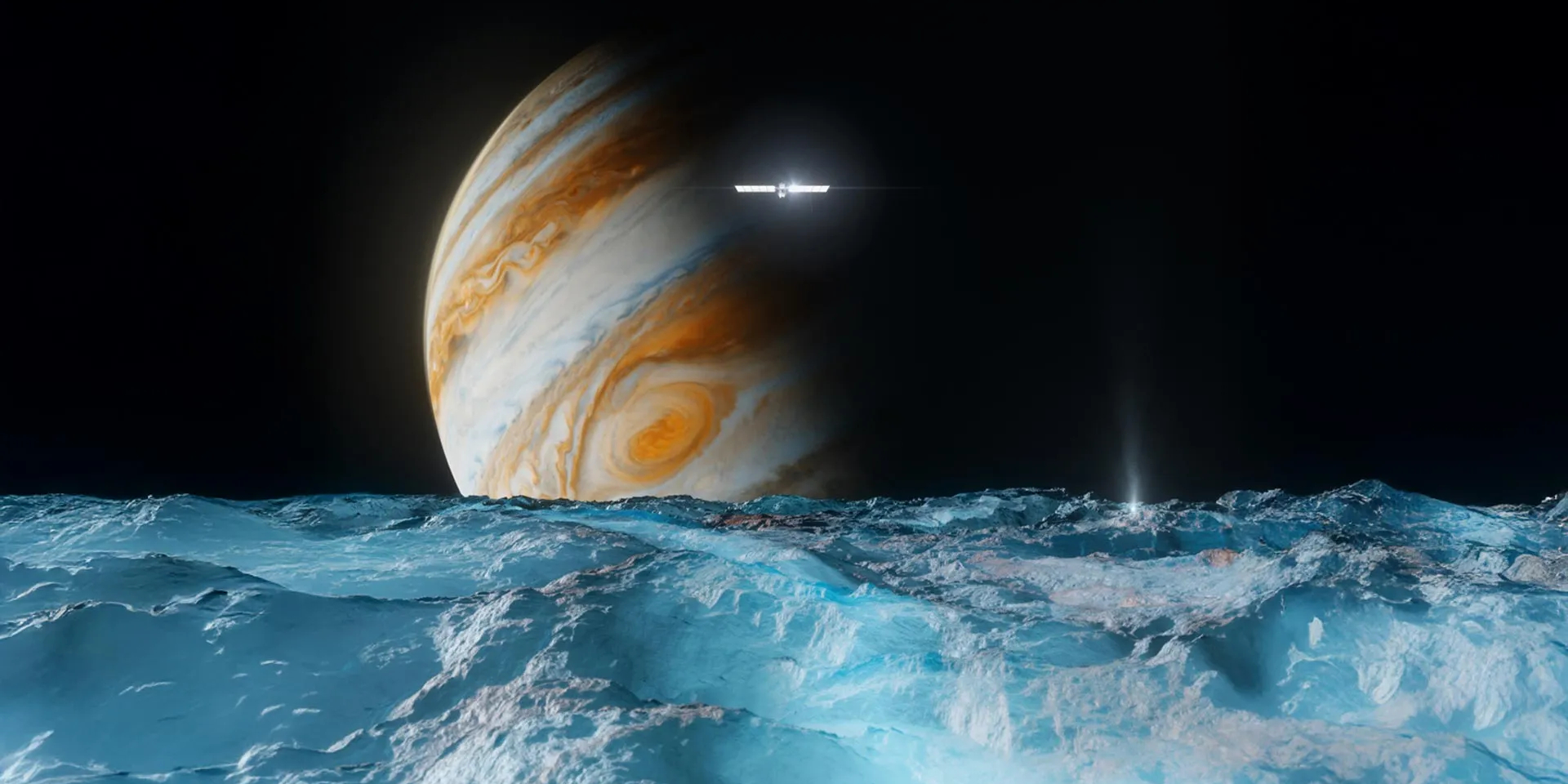 На этой художественной иллюстрации изображен космический аппарат NASA «Europa Clipper», который вращается вокруг Юпитера и пролетает над покрытым льдом спутником газового гиганта — Европой (Фото: NASA/JPL-Caltech)