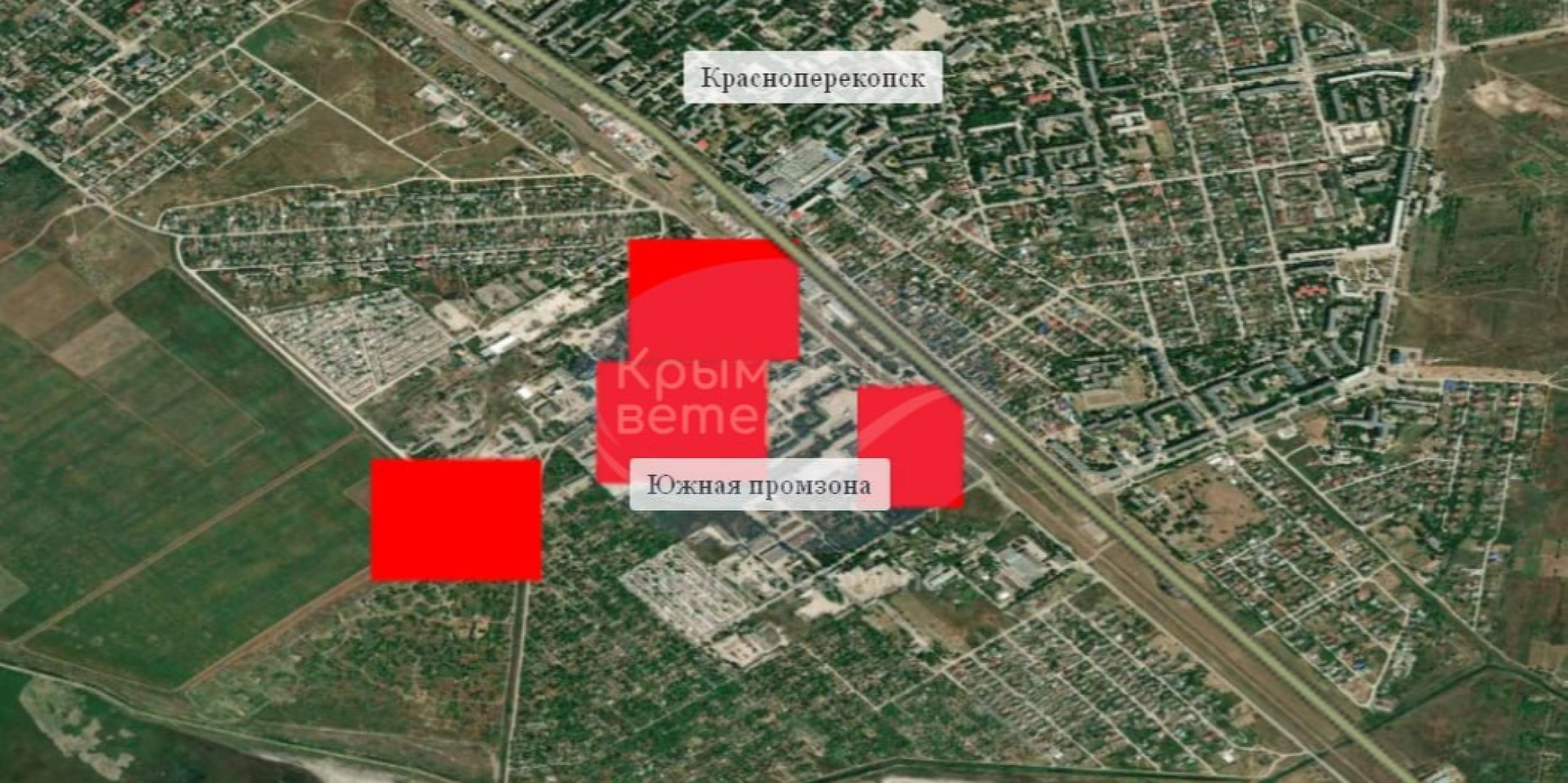 Пожежі фіксують в районі Південної промзони Красноперекопська (місто Яни Капу) в окупованому Криму (Фото: Кримський вітер / Telegram)